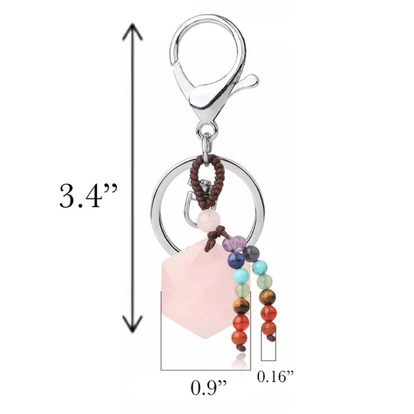 Natural Rose Quartz Hexagon Stone with Rainbow Chakra Keychain Charm - Picture 14 of 14
